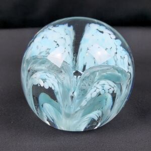 Elegant Light Blue Floral Decorative Art Glass Paperweight Vintage